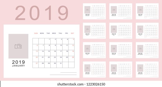 Light pink minimalistic calendar of new 2019 year with place for photo. Week starts in Sunday, twelve month calendar. Work and holiday events planner, block-almanac template