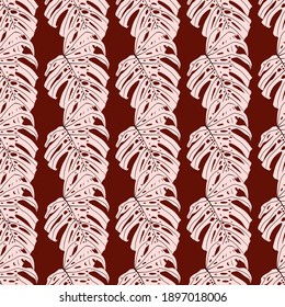 Hellrosa Monstera einfache Silhouetten nahtloses Muster. roter Hintergrund. Doodle-Druck. Dekorativer Hintergrund für Tapeten, Textilien, Wickelpapier, Stoffdruck. Vektorgrafik.