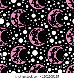 Light pink moon and bright white stars, seamless pattern on black background. Minimalistic dotted textile design. Vector drawing repeat pattern of stars and crescent. Endless wallpaper style design. 