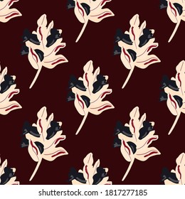 Light pink and navy blue branches and berries seamless pattern. Doodle floral elements on maroon background. Perfect for wallpaper, textile, wrapping paper, fabric print. Vector illustration.