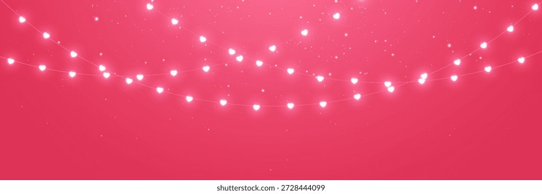 Light pink neon heart string background. Valentines day banner. Love gold garland. Celebration party. Christmas glitter decoration. Golden bulb frame. Wedding hanging baubles. Vector illustration.