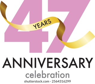 light pink number 47 with gold confetti and word years black color and word anniversary celebration are at the bottom.