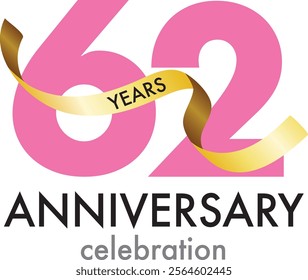 light pink number 62 with gold confetti and word years black color and word anniversary celebration are at the bottom.