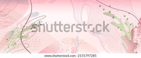 Light pink and olive background in soothing colors with tropical leaves, lines and abstract shapes. Vector illustration for text placement, banners, wallpaper, background, sales, discounts, promotions