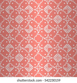 Light pink ornamental seamless pattern in alien style. Modern decor. Intricate puzzle repeatable backdrop. Colored, symmetrical design for ads, packing-paper, banner or other purpose.