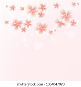 Light Pink Peach flowers border on Pink bokeh background. Apple-tree flowers. Cherry blossom. Vector EPS 10 cmyk
