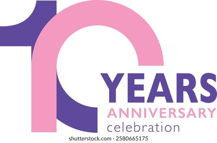 light pink and purple color number 10 with word years purple color and word anniversary light pink color and word celebration gray color.