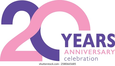 light pink and purple color number 20 with word years purple color and word anniversary light pink color and word celebration gray color.