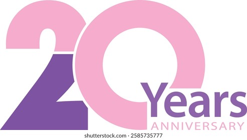 light pink and purple color number 20 with word years purple color and word anniversary light pink color.