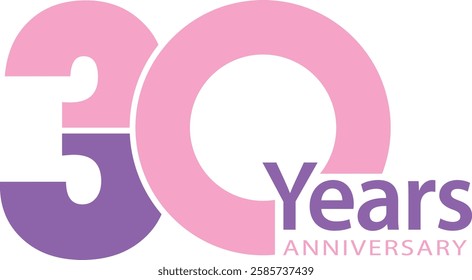 light pink and purple color number 30 with word years purple color and word anniversary light pink color.