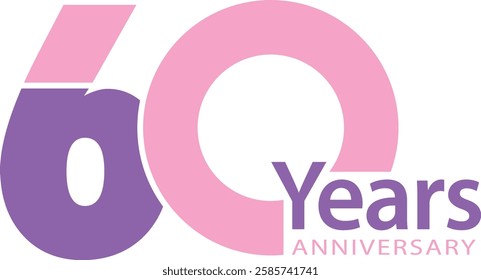 light pink and purple color number 60 with word years purple color and word anniversary light pink color.