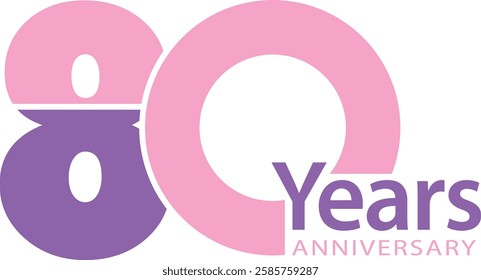 light pink and purple color number 80 with word years purple color and word anniversary light pink color.