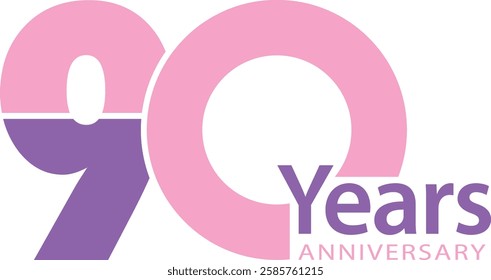 light pink and purple color number 90 with word years purple color and word anniversary light pink color.