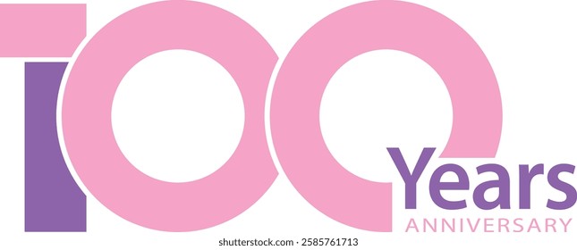 light pink and purple color number 100 with word years purple color and word anniversary light pink color.