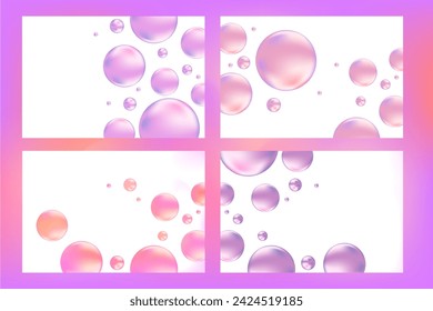 Burbujas de líquido de color rosa claro, morado o gotitas brillantes. Fondo de color desnudo estético. Elegante composición flotante de círculos de gelatina brillante para cosmetología, ciencias de la belleza, concepto molecular de cuidado de la piel.