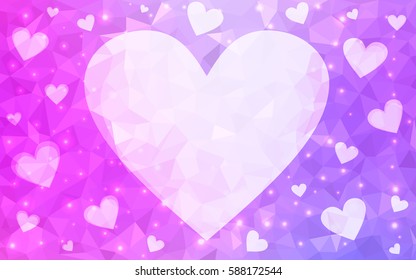 Light pink, purple vector love background with heart. Paper note. Valentine's greeting polygonal card. rectangular illustration for your business. Stock template for your design.