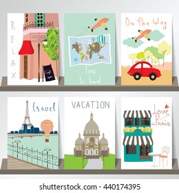 Light pink red collection for banners, Flyers, Placards and Posters with cafe,car,air plane and map in france