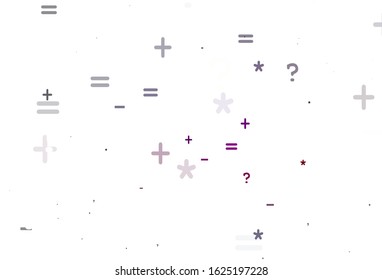 Light Pink, Red vector background with math elements. Abstract illustration with colored algebra signs. Best design a poster, banner of a math college.