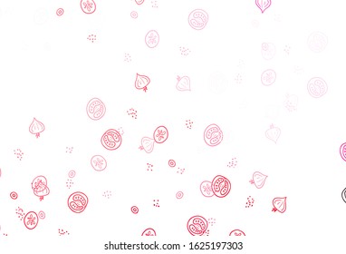 Light Pink, Red vector background with tasty food. Illustration with set of fresh food in doodle style. Doodle design for your business advert of cafes.