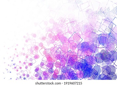 Hellrosa, roter Vektorhintergrund mit Dreiecken, Kreisen, Würfeln. Abstrakte Illustration mit Kugeln, Quadraten, Linien. Modernes Template für die Zielseite.