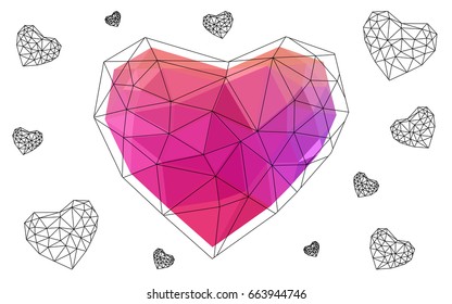 Light Pink, Red vector love background with heart. Paper note. Valentine's greeting polygonal card. Triangular illustration for your business. Stock template for your design.
