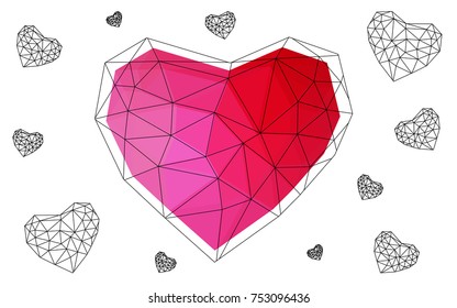 Light Pink, Red vector love background with heart. Paper note. Valentine's greeting polygonal card. Triangular illustration for your business. Stock template for your design.