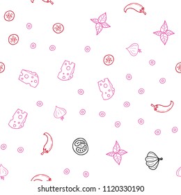 Light Pink, Red vector seamless texture with delicious snacks. Blurred decorative design of snacks in doodle style. Pattern for ads of breakfast, lunch, dinner.