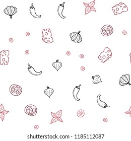 Light Pink, Red vector seamless cover with cuisine gourmet. Illustration with set of fresh food in doodle style. Template for meal cooking in kitchen.