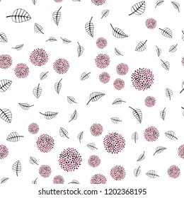 Light Pink, Red vector seamless natural artwork with leaves, flowers. Leaves, flowers in doodle style on white background. Pattern for design of fabric, wallpapers.