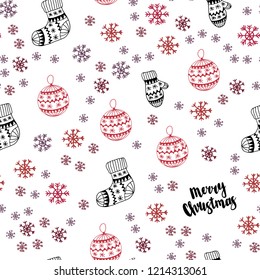 Light Pink, Red vector seamless pattern with christmas snowflakes, balls, socks, mittens. Colorful illustration with xmas symbols. Template for business cards, websites.