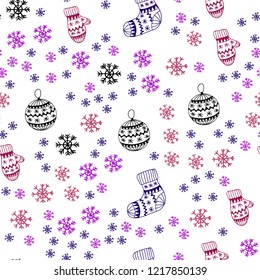 Light Pink, Red vector seamless background with xmas snowflakes, balls, socks, mittens. Colorful xmas elements with gradient. Template for business cards, websites.