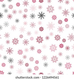 Light Pink, Red vector seamless cover with beautiful snowflakes. Decorative shining illustration with snow on abstract template. Trendy design for wallpaper, fabric makers.