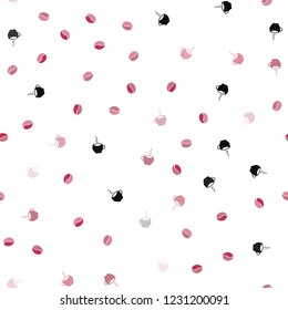 Light Pink, Red vector seamless cover with set of coffee beans. Glitter abstract backdrop with gradient mugs, coffee grains. Template of a black hot beverage in a cafe.