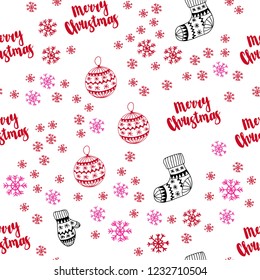 Light Pink, Red vector seamless template with ice snowflakes, balls, socks, mittens. Colorful decorative design in xmas style. Texture for window blinds, curtains.