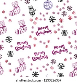 Light Pink, Red vector seamless template with ice snowflakes, balls, socks, mittens. Colorful decorative design in xmas style. Design for wallpaper, fabric makers.
