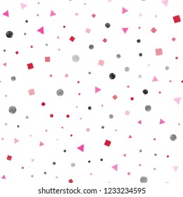 Light Pink, Red vector seamless background with triangles, circles, cubes. Illustration with set of colorful circles, triangles, squares. Design for textile, fabric, wallpapers.