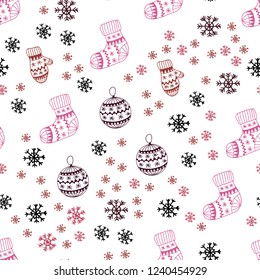 Light Pink, Red vector seamless cover with beautiful snowflakes, balls, socks, mittens. Colorful decorative design in xmas style. Design for wallpaper, fabric makers.