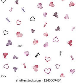 Light Pink, Red vector seamless backdrop with phrase LOVE YOU, hearts. Design in doodle style with text LOVE YOU, hearts. Design for wallpaper, fabric makers.