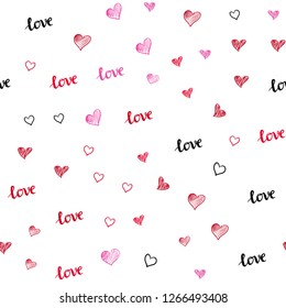 Light Pink, Red vector seamless template with text LOVE YOU, hearts. Illustration with words of love, hearts in abstract style. Pattern for design of fabric, wallpapers.