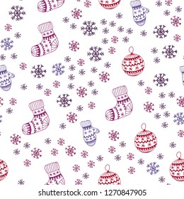 Light Pink, Red vector seamless background with xmas snowflakes, balls, socks, mittens. Colorful decorative design in xmas style. Pattern for design of fabric, wallpapers.