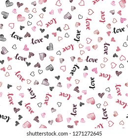 Light Pink, Red vector seamless pattern with phrase LOVE YOU, hearts. Design in doodle style with text LOVE YOU, hearts. Design for wallpaper, fabric makers.