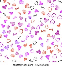 Light Pink, Red vector seamless cover with quote LOVE YOU, hearts. Illustration with words of love, hearts in abstract style. Texture for window blinds, curtains.