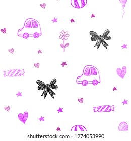 Light Pink, Red vector seamless backdrop with holiday gifts. Abstract illustration with a toy car, heart, baloon, tulip, candy, ball. Template for new year postcards.