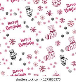 Light Pink, Red vector seamless cover with beautiful snowflakes, balls, socks, mittens. Colorful xmas elements with gradient. Design for textile, fabric, wallpapers.