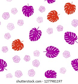 Light Pink, Red vector seamless doodle pattern with flowers, leaves. Colorful illustration in doodle style with leaves, flowers. Pattern for design of fabric, wallpapers.
