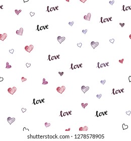 Light Pink, Red vector seamless background with words of love, hearts. Illustration with words of love, hearts in abstract style. Design for wallpaper, fabric makers.