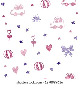 Light Pink, Red vector seamless texture with birthday gifts. Design in xmas style with a toy car, heart, baloon, tulip, candy, ball. Design for colorful commercials.