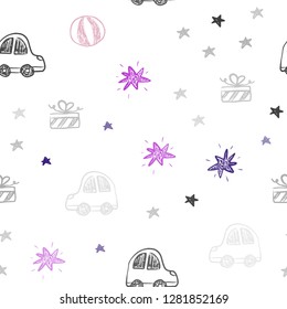 Light Pink, Red vector seamless background in xmas style. Shining illustration with a toy car, baloon, candy, star, ball. Pattern for new year ads.