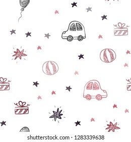 Light Pink, Red vector seamless pattern in christmas style. Design in xmas style with a toy car, baloon, candy, star, ball. Pattern for carnival, festival ads.