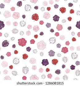 Light Pink, Red vector seamless natural backdrop with leaves, flowers. Colorful abstract illustration with leaves in doodle style. Pattern for trendy fabric, wallpapers.